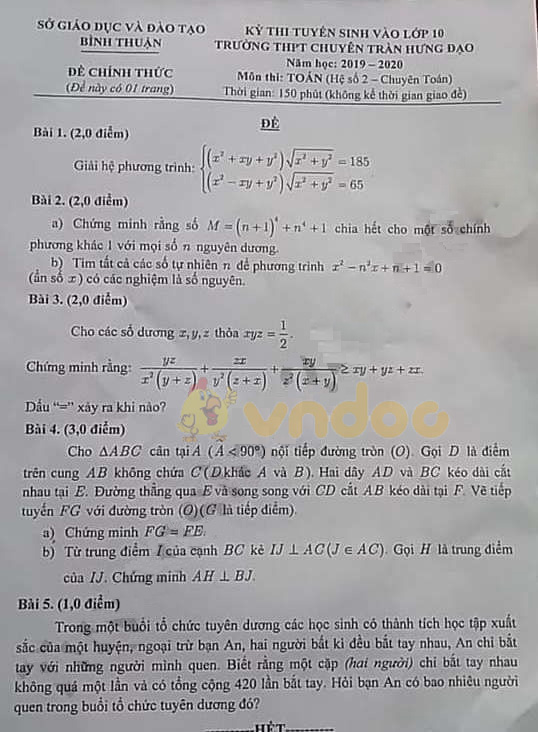 Đề thi vào lớp 10 môn Toán 2019 Chuyên Trần Hưng Đạo - Bình Thuận