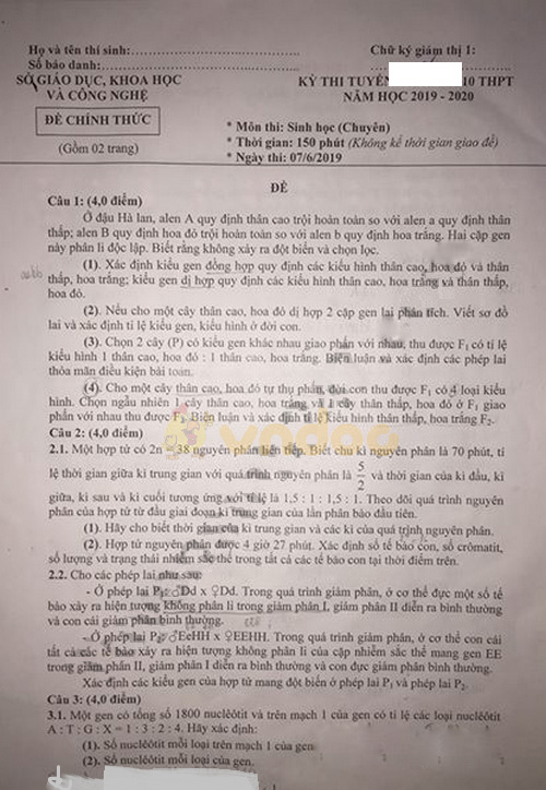 Đề thi vào lớp 10 môn Sinh học Chuyên 2019 tỉnh Bạc Liêu