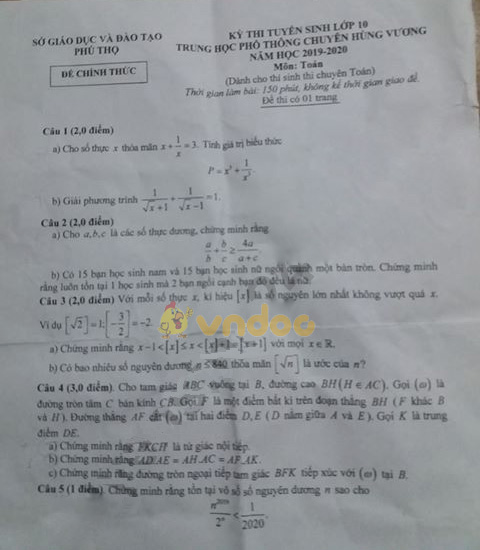 Đề thi vào lớp 10 môn Toán 2019 Chuyên Hùng Vương - Phú Thọ