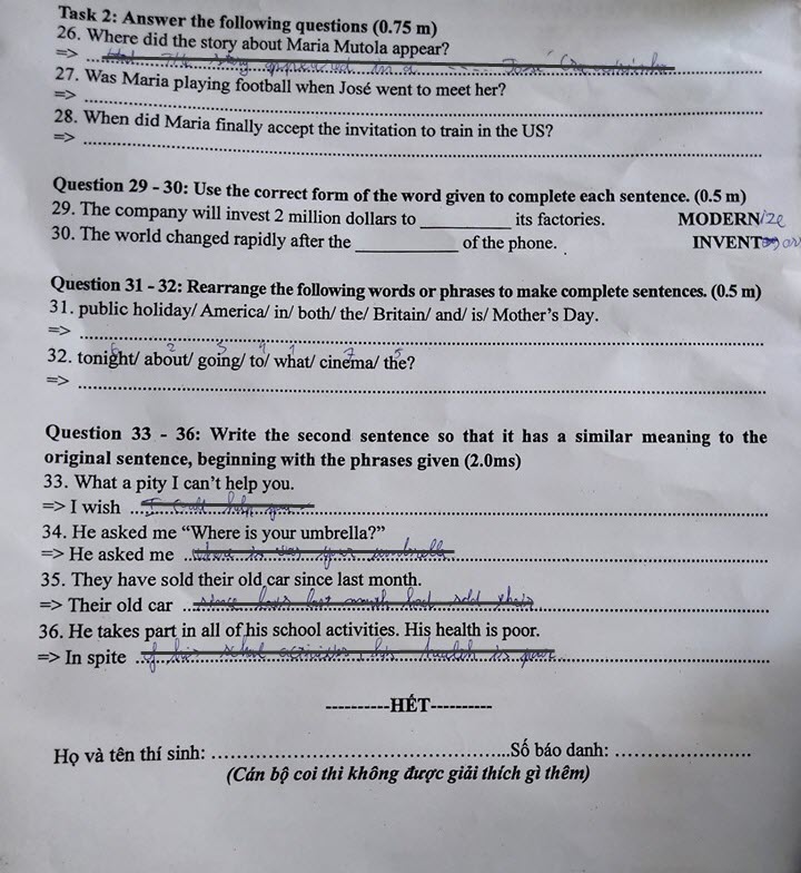 Đáp án đề thi vào lớp 10 môn Tiếng Anh Sở GD&ĐT Bình Thuận năm 2019