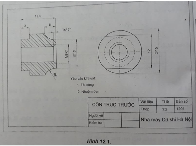 Giải SBT Công nghệ lớp 8 bài 12: Bài tập thực hành: Đọc bản vẽ chi tiết đơn giản có ren