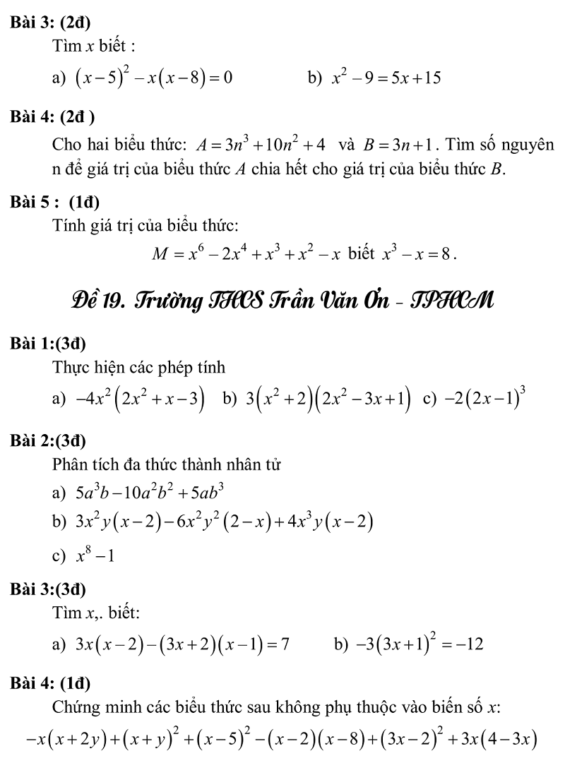 Bộ đề ôn thi học kì 1 lớp 8 môn Toán