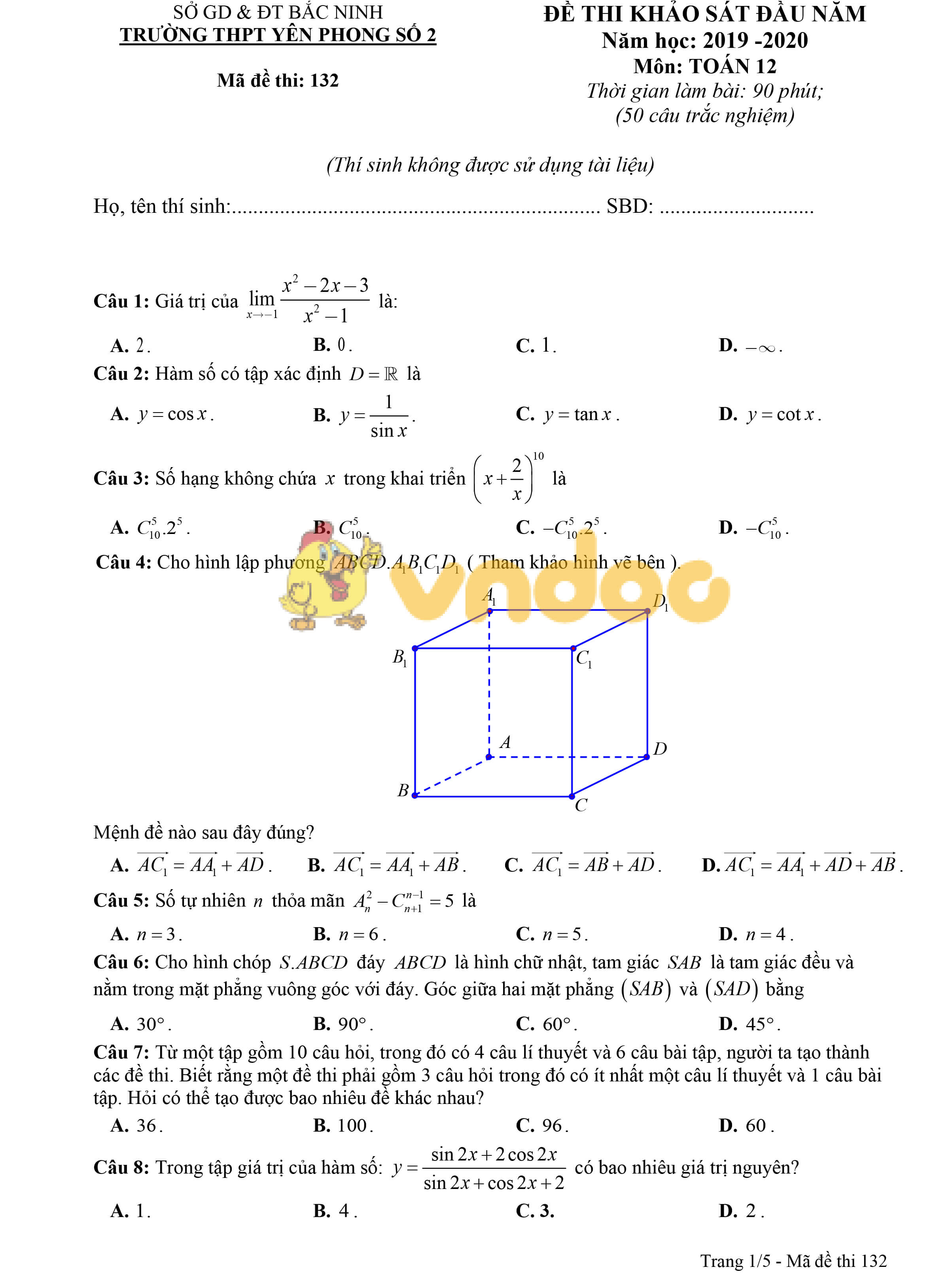 Đề khảo sát chất lượng đầu năm lớp 12 môn Toán năm 2019 - 2020 trường THPT Yên Phong 2 - Bắc Ninh