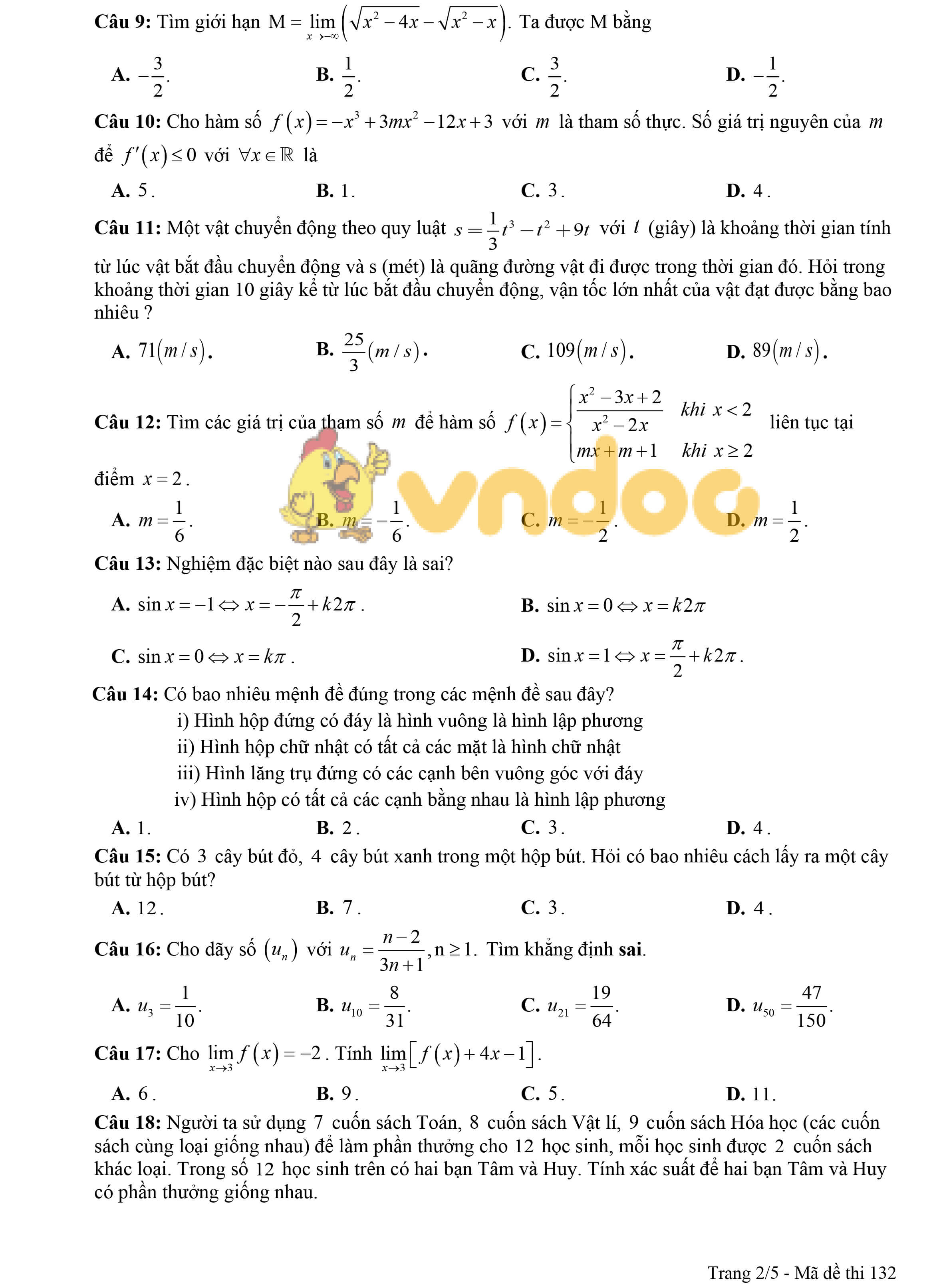 Đề khảo sát chất lượng đầu năm lớp 12 môn Toán năm 2019 - 2020 trường THPT Yên Phong 2 - Bắc Ninh