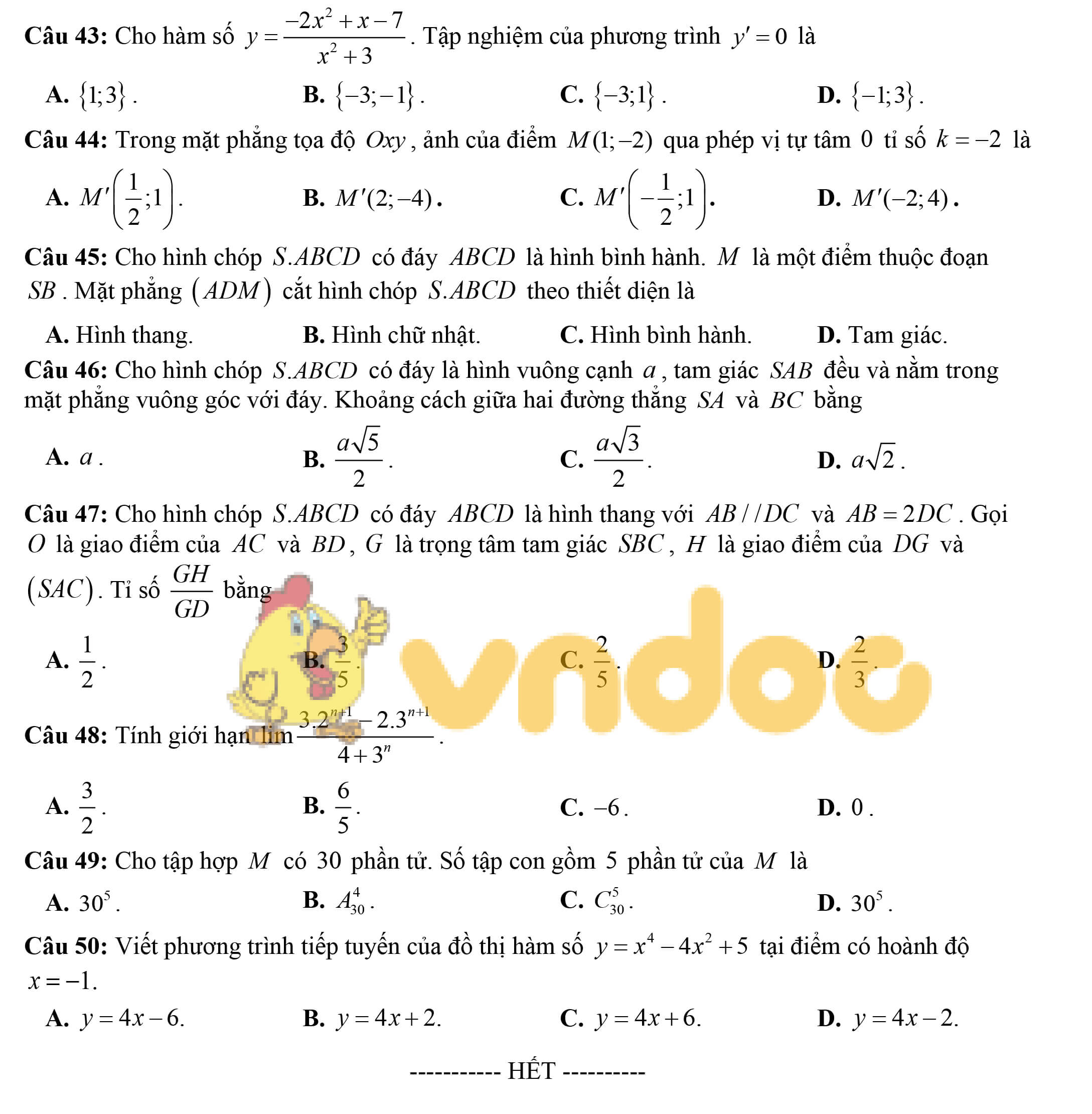 Đề khảo sát chất lượng đầu năm lớp 12 môn Toán năm 2019 - 2020 trường THPT Yên Phong 2 - Bắc Ninh