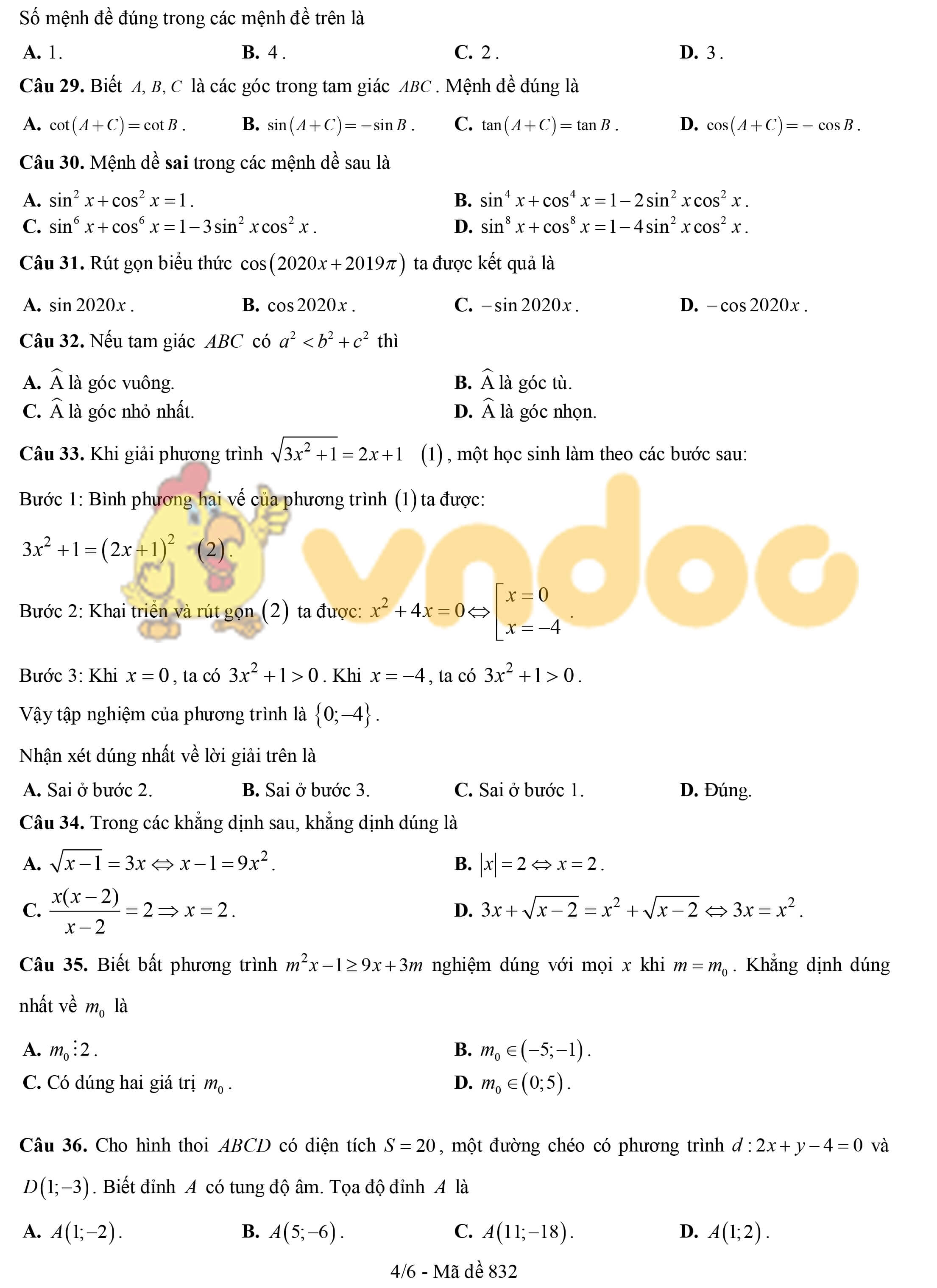 Đề khảo sát chất lượng đầu năm môn Toán lớp 11 năm học 2019 - 2020 trường THPT Thuận Thành 1 - Bắc Ninh