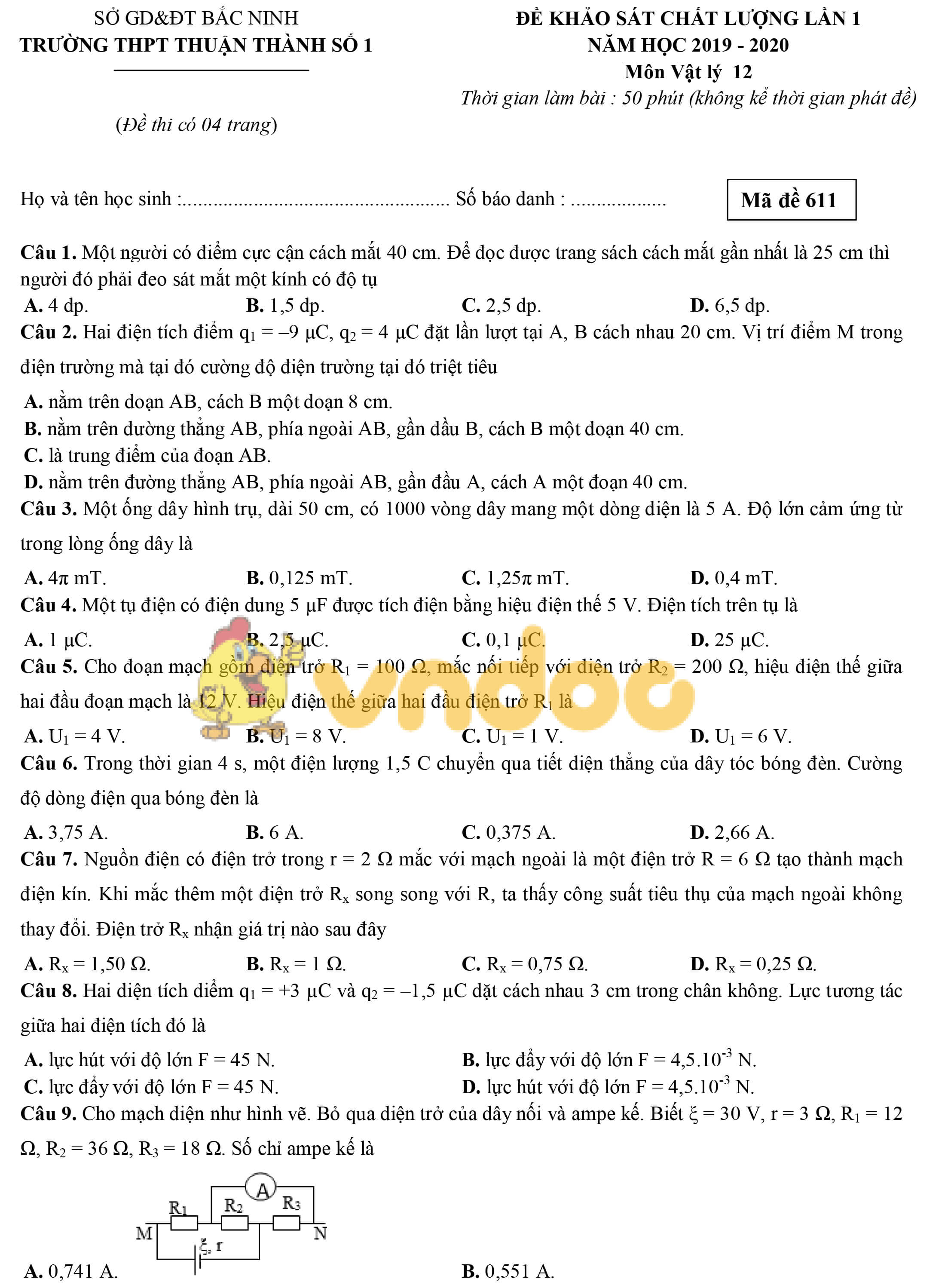 Đề Khảo Sát Chất Lượng đầu Năm Lớp 12 Môn Vật Lý Năm 2019 2020 Trường Thpt Thuận Thành 1 Bắc 0546