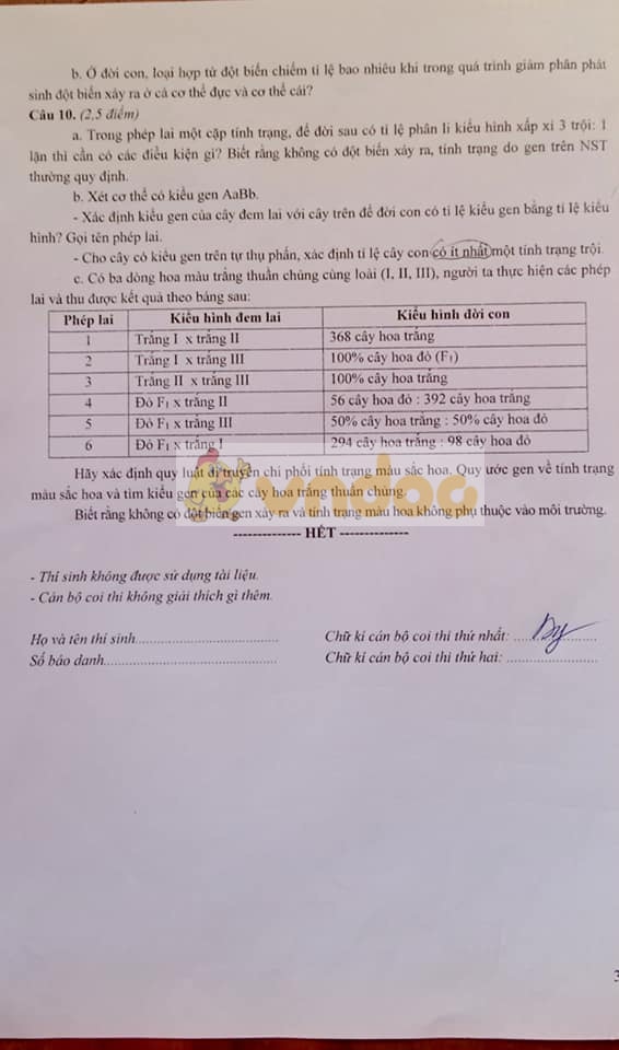 Đề thi học sinh giỏi lớp 12 môn Sinh năm 2019-2020