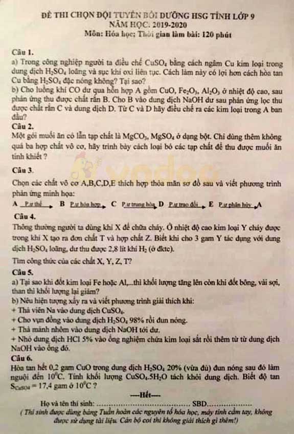 Đề thi chọn đội tuyển học sinh giỏi lớp 9 môn Hóa huyện Vũ Quang, Hà Tĩnh năm học 2019 - 2020