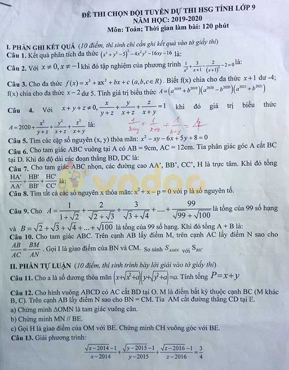 Đề thi chọn đội tuyển học sinh giỏi lớp 9 môn Toán huyện Vũ Quang, Hà Tĩnh năm học 2019 - 2020