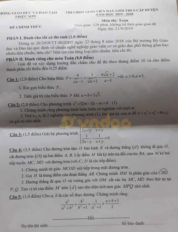 Đề thi chọn giáo viên dạy giỏi THCS cấp huyện môn Toán Phòng GD&ĐT Triệu Sơn, Thanh Hóa năm học 2019 - 2020