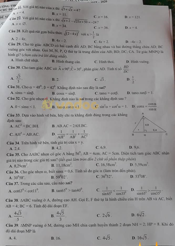 Đề cương ôn tập lớp 9 môn Toán trường THCS Hải Triều năm học 2019 - 2020