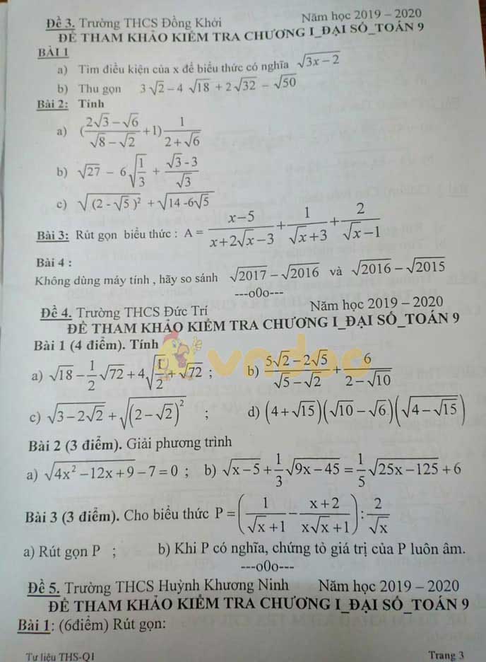 Đề kiểm tra 1 tiết môn Toán lớp 9 năm học 2019 - 2020