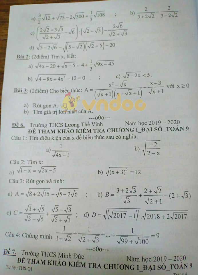 Đề kiểm tra 1 tiết môn Toán lớp 9 năm học 2019 - 2020