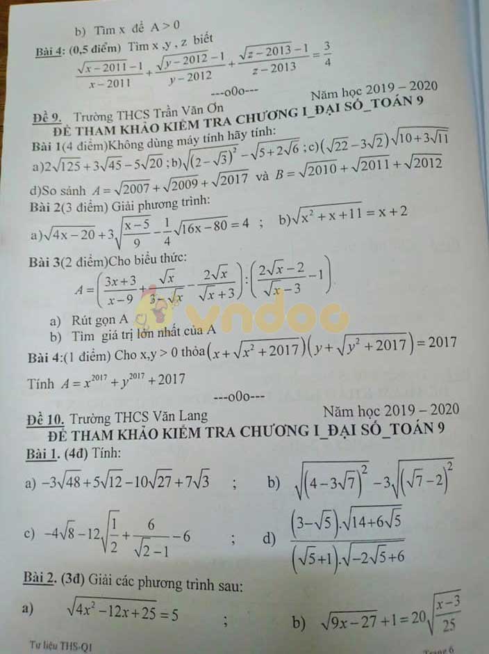 Đề kiểm tra 1 tiết môn Toán lớp 9 năm học 2019 - 2020