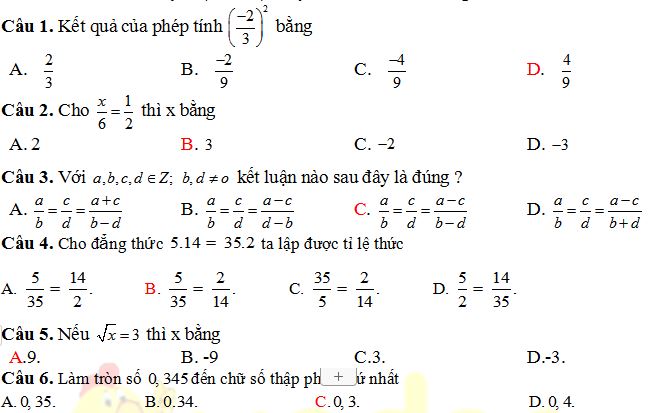 Đề thi giữa kì 1 Toán 7