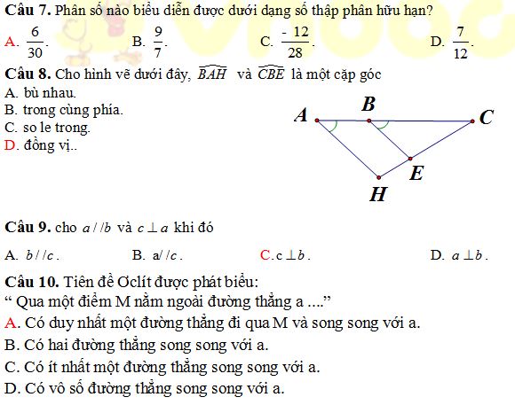Đề thi giữa kì 1 Toán 7