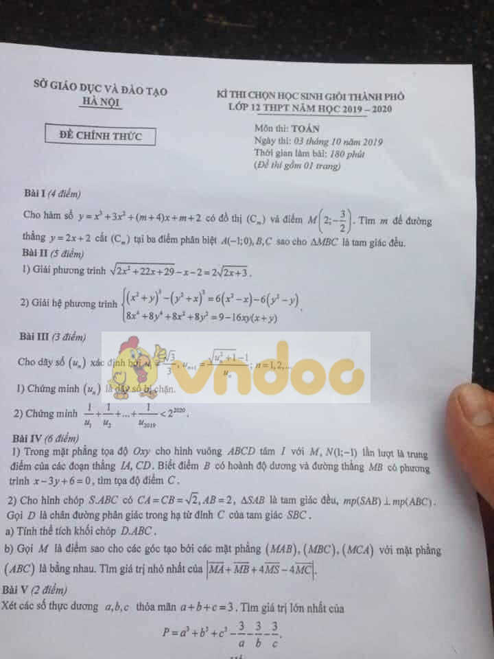 Đề thi học sinh giỏi cấp thành phố môn Toán 12 năm 2019-2020 sở GD&ĐT Hà Nội