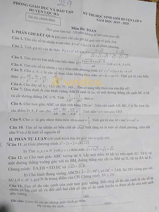 Đề thi chọn học sinh giỏi lớp 9 môn Toán Phòng GD&ĐT huyện Lộc Hà năm học 2019 - 2020