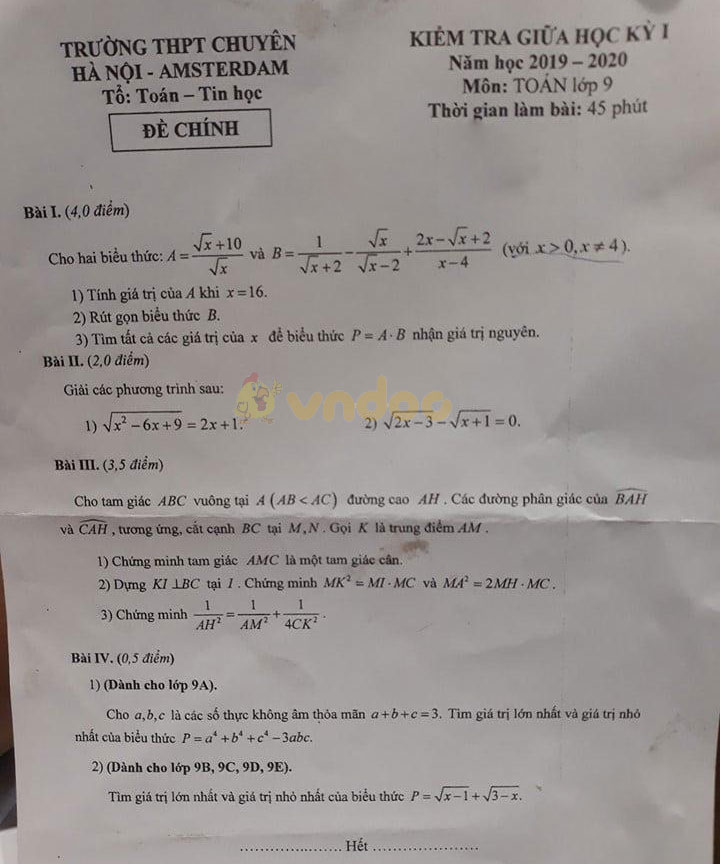 Đề thi giữa học kì 1 lớp 9 môn Toán trường THPT Chuyên Hà Nội - Amsterdam năm học 2019 - 2020