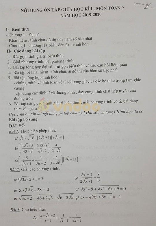 Đề cương ôn tập giữa học kì 1 lớp 9 môn Toán năm học 2019 - 2020