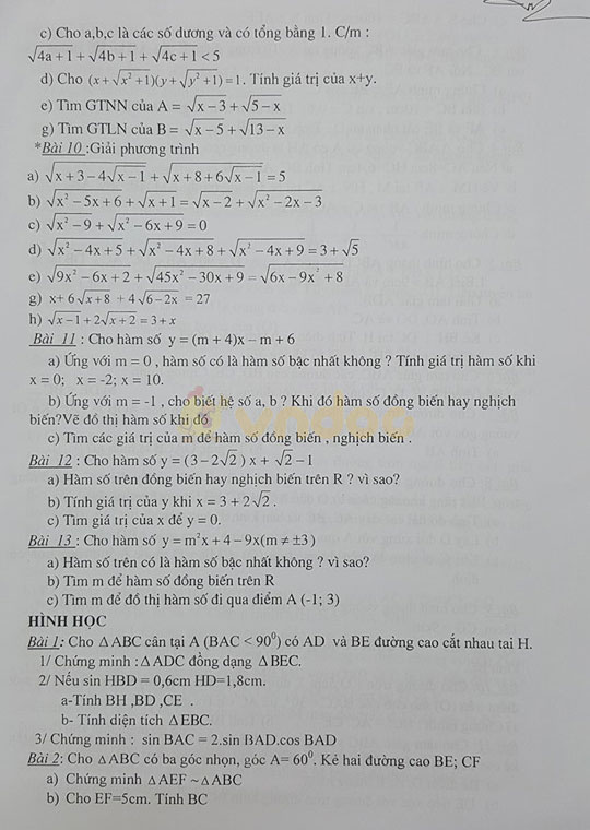 Đề cương ôn tập giữa học kì 1 lớp 9 môn Toán năm học 2019 - 2020