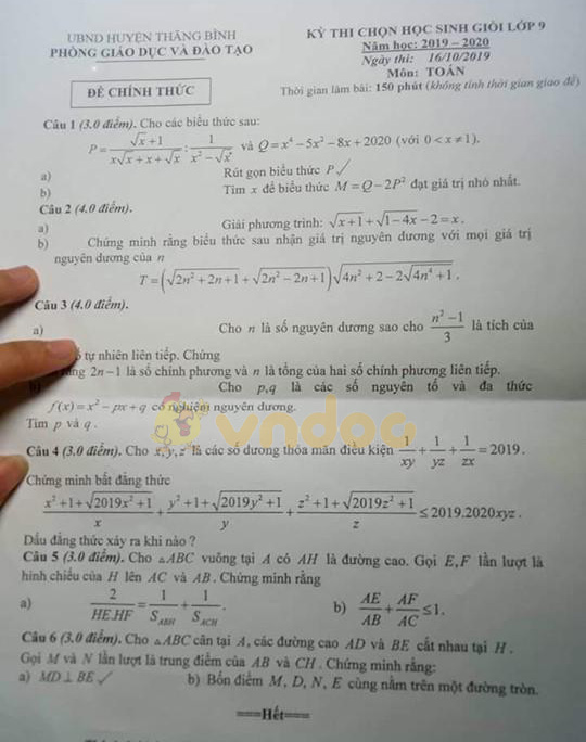 Đề thi chọn học sinh giỏi lớp 9 môn Toán Phòng GD&ĐT huyện Thăng Bình năm học 2019 - 2020