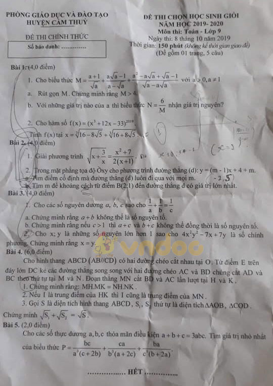 Đề thi chọn học sinh giỏi lớp 9 môn Toán Phòng GD&ĐT huyện Cẩm Thủy, Thanh Hóa năm học 2019 - 2020