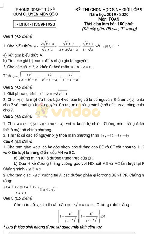 Đề thi chọn học sinh giỏi lớp 9 môn Toán Phòng GD&ĐT Tứ Kỳ, Hải Dương năm học 2019 - 2020