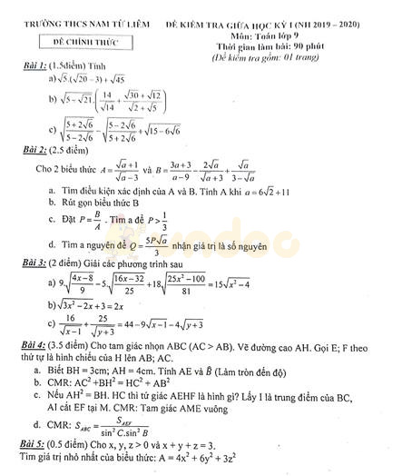 Đề thi giữa học kì 1 lớp 9 môn Toán trường THCS Nam Từ Liêm năm học 2019 - 2020