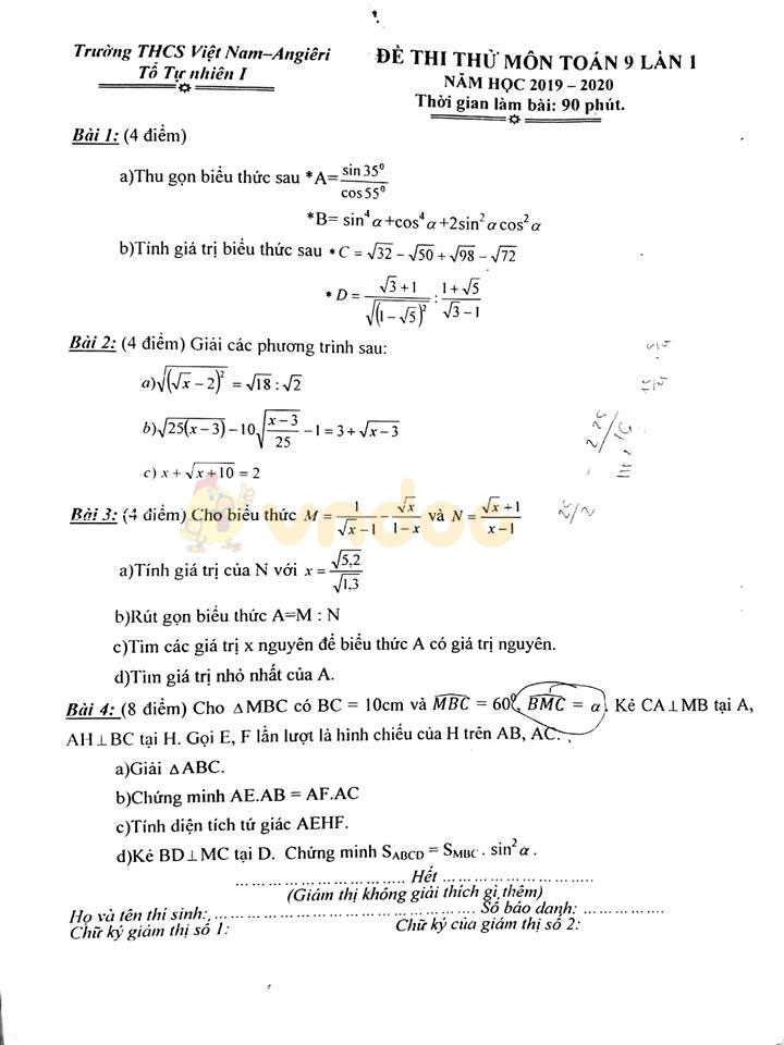 Đề thi thử lớp 9 môn Toán trường THCS Việt Nam - Angiêri năm học 2019 - 2020 (lần 1)