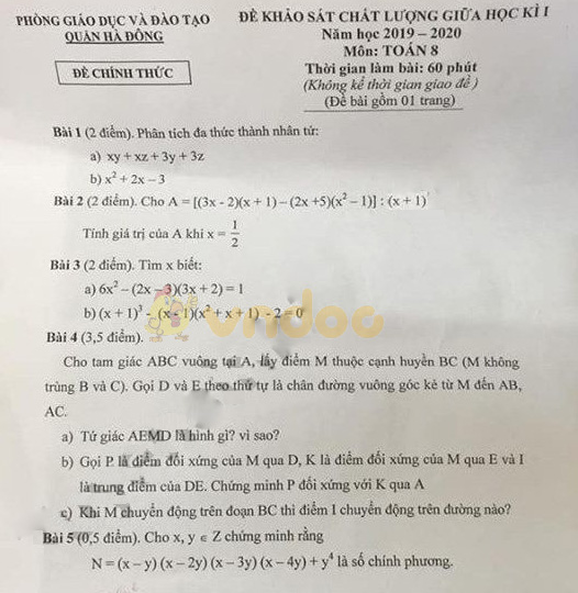 Đề thi giữa học kì 1 lớp 8 môn Toán Phòng GD&ĐT quận Hà Đông năm học 2019 - 2020