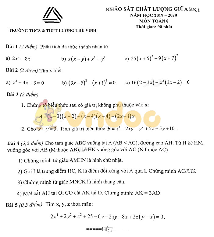 Đề thi giữa học kì 1 lớp 8 môn Toán Trường THCS & THPT Lương Thế Vinh năm học 2019 - 2020