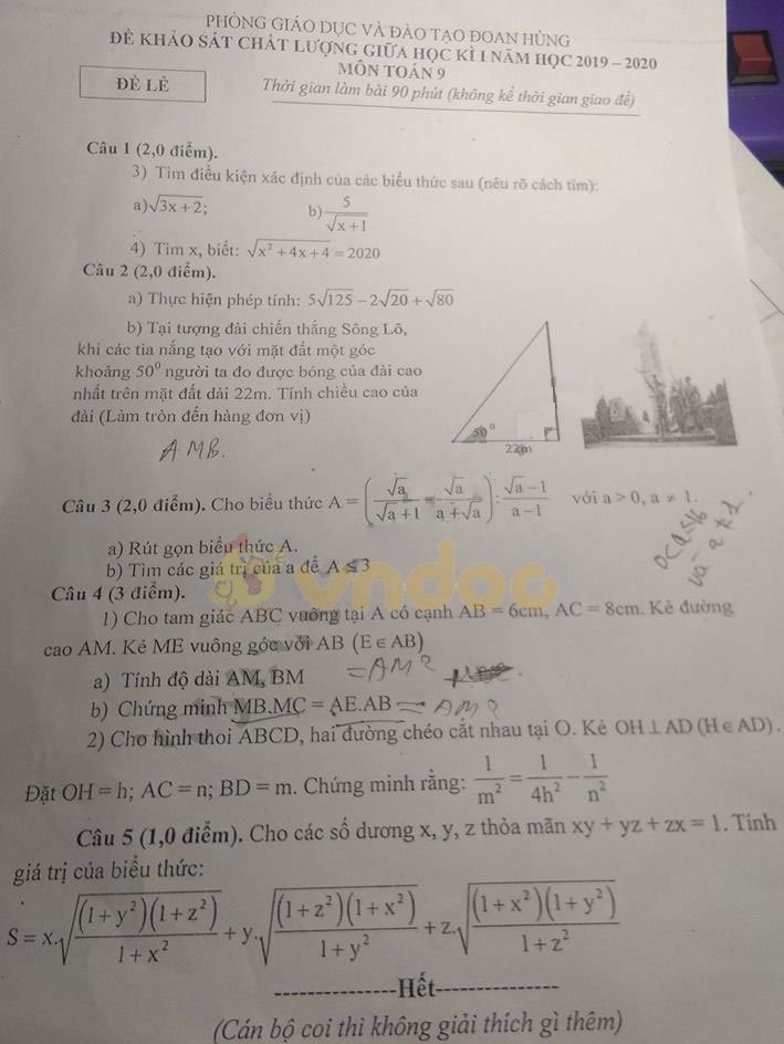 Đề thi giữa học kì 1 lớp 9 môn Toán Phòng GD&ĐT Đoan Hùng năm học 2019 - 2020 (Đề lẻ)