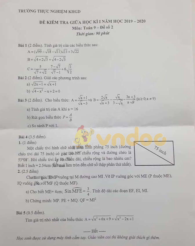 Đề thi giữa học kì 1 lớp 9 môn Toán Trường TH, THCS, THPT Thực Nghiệm KHGD năm học 2019 - 2020