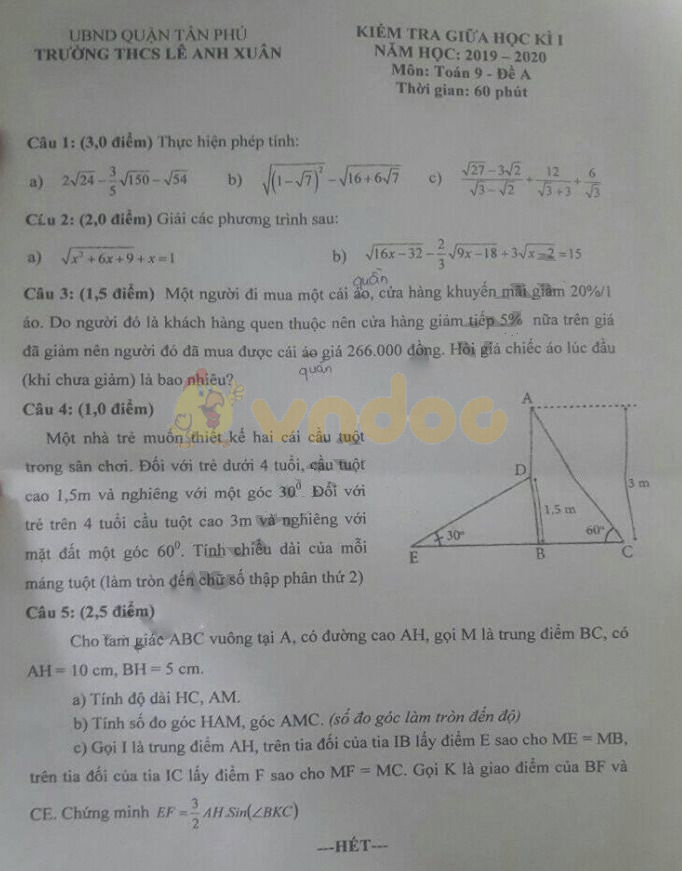 Đề thi giữa học kì 1 lớp 9 môn Toán Trường THCS Lê Anh Xuân, Tân Phú năm học 2019 - 2020 (Đề A)