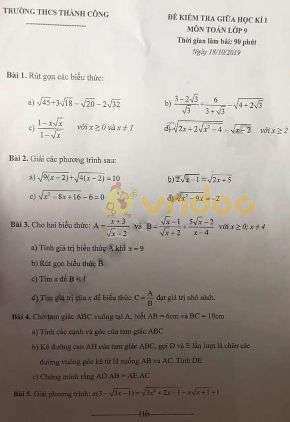 Đề thi giữa học kì 1 lớp 9 môn Toán Trường THCS Thành Công năm học 2019 - 2020