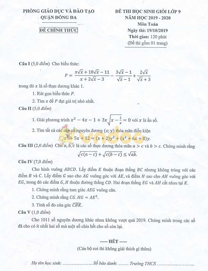 Đề thi chọn học sinh giỏi lớp 9 môn Toán Phòng GD&ĐT quận Đống Đa năm học 2019 - 2020