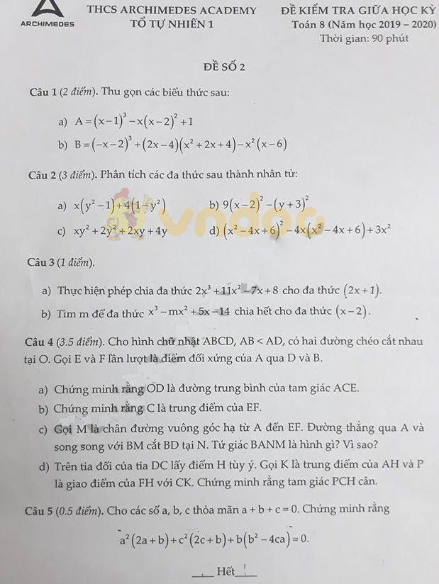 Đề thi giữa học kì 1 lớp 8 môn Toán Trường THCS Archimedes Academy năm học 2019 - 2020
