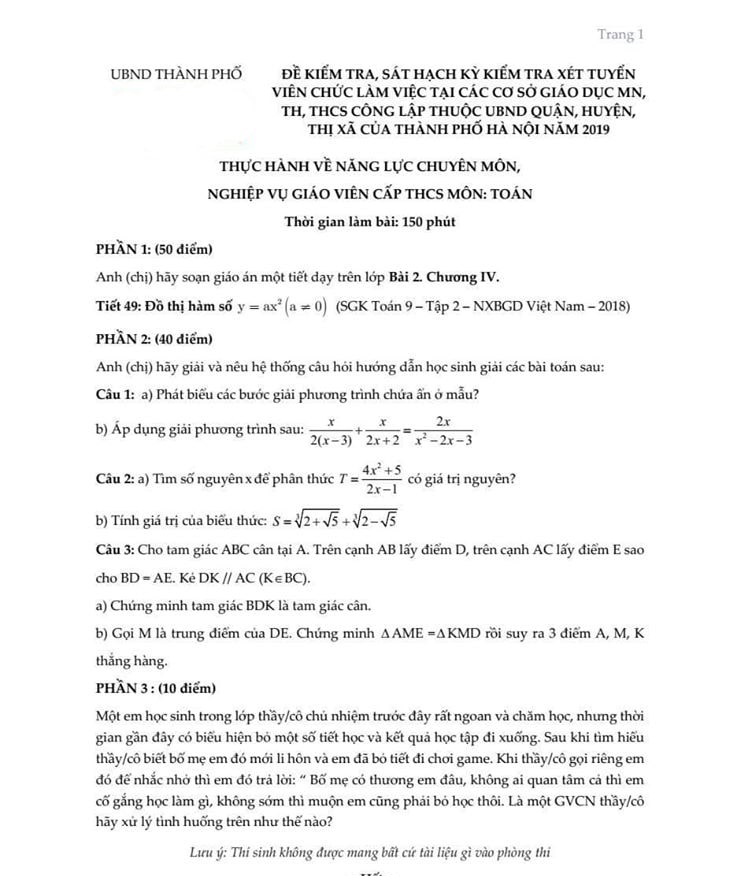 Đề thi viên chức giáo viên môn toán