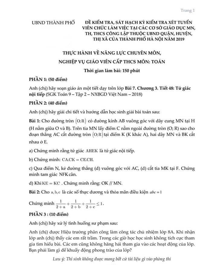 Đề thi viên chức giáo viên môn toán