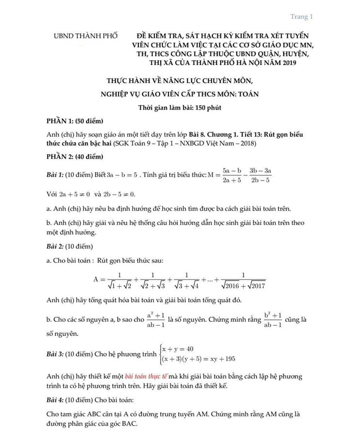 Đề thi viên chức giáo viên môn toán