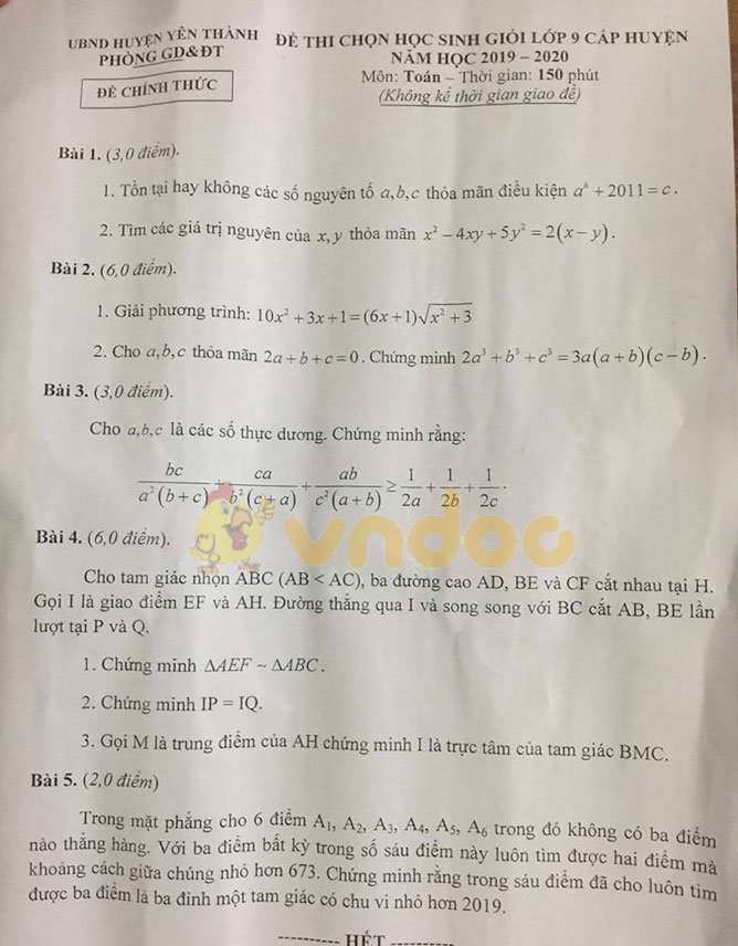 Đề thi chọn học sinh giỏi cấp huyện lớp 9 môn Toán Phòng GD&ĐT huyện Yên Thành năm học 2019 - 2020