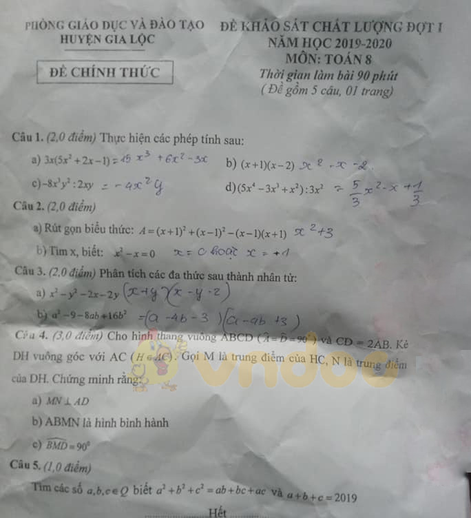 Đề thi giữa học kì 1 lớp 8 môn Toán Phòng GD&ĐT huyện Gia Lộc năm học 2019 - 2020