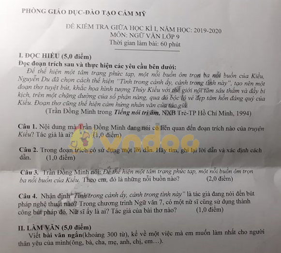 Đề thi giữa học kì 1 lớp 9 môn Ngữ văn Phòng GD&ĐT Cẩm Mỹ năm học 2019 - 2020
