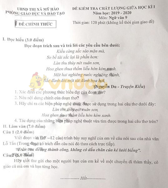 Đề thi giữa học kì 1 lớp 9 môn Ngữ văn Phòng thị xã Mỹ Hảo năm học 2019 - 2020