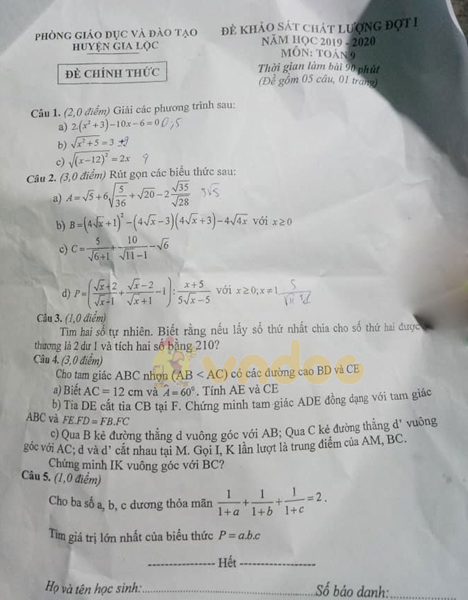 Đề thi giữa học kì 1 lớp 9 môn Toán Phòng GD&ĐT huyện Gia Lộc năm học 2019 - 2020