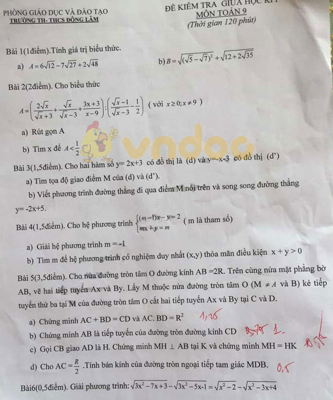 Đề thi giữa học kì 1 lớp 9 môn Toán Trường TH - THCS Đông Lâm năm học 2019 - 2020