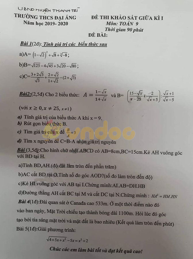 Đề thi giữa học kì 1 lớp 9 môn Toán Trường THCS Đại Áng, Thanh Trì năm học 2019 - 2020