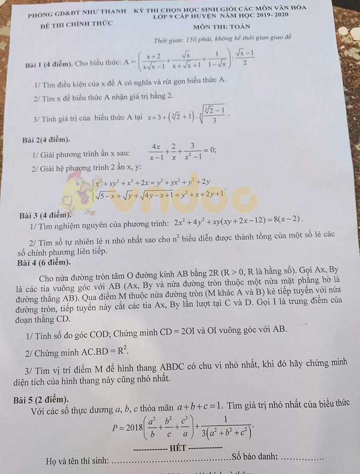 Đề thi chọn học sinh giỏi lớp 9 môn Toán Phòng GD&ĐT Như Thanh năm học 2019 - 2020